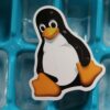 linux tux penguin mascot cutout lying on a tray with ice cubes